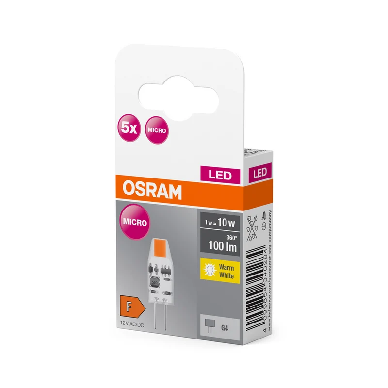 OSRAM LED Stiftsockellampe PIN Lampe Warmweiß Klar, 12 V, 1 W, 27000 K, G4 5er Pack