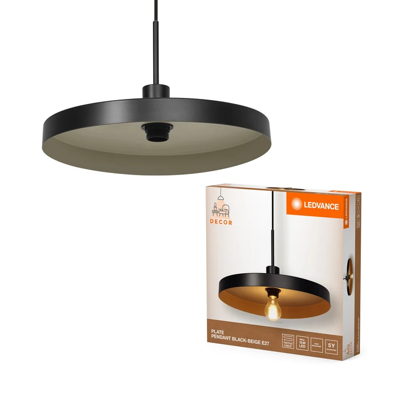 LEDVANCE Decor Plate dekorative Hängelampe mit tellerförmigem Lampenschirm, 400mm, mit E27 Fassung, IP20, Metall, schwarz/beige