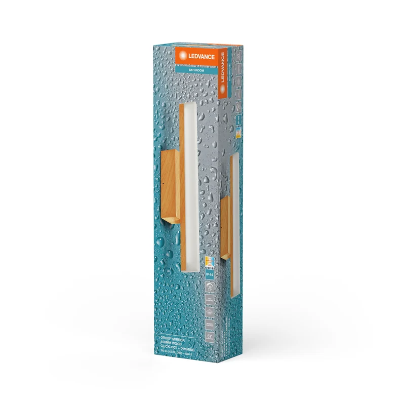 LEDVANCE Orbis Mirror Leuchte in Holzdekor, 40 cm, Aluminium-Gehäuse, 6. 8 W, 650 lm, IP44 Schutzart, Farbtemperatur einstellbar via Click CCT (4000 K und 3000 K), dimmbar über Touch-Steuerung