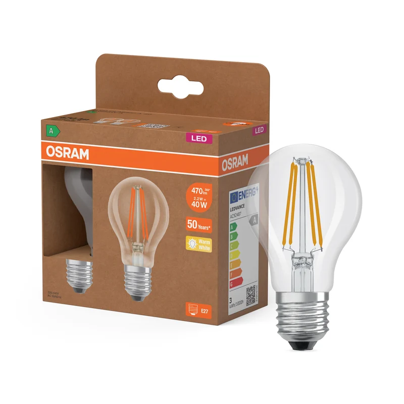 OSRAM LED LAMPS ENERGY CLASS A ENERGY EFFICIENCY FILAMENT CLASSIC A in A-Form, LED-Lampe, Bleifreies Glas, Klar, 2,2 W, 470 lm, Warmweiß, Energieeffizienzklasse: A, 2er