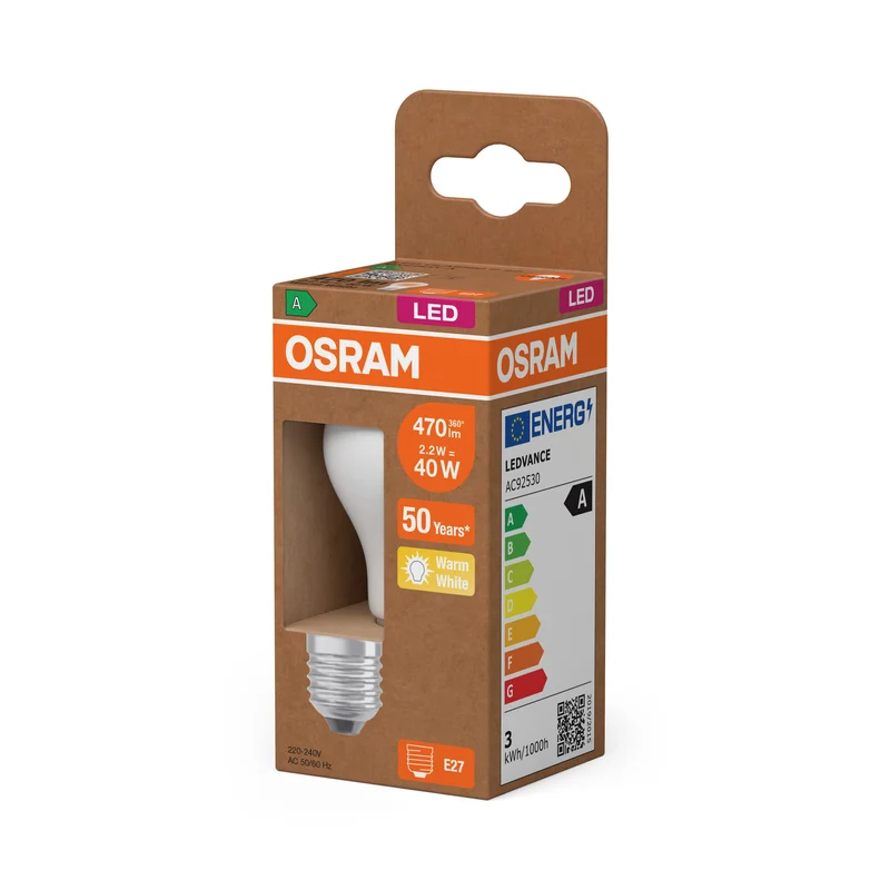 OSRAM LED CLASSIC P ENERGY EFFICIENCY A in P-Form, LED-Lampe, Bleifreies Glas, Matt, 2,2 W, (ex 40 W), 470 lm, Warmweiß, 2700 K, Energieeffizienzklasse: A, CRI 80