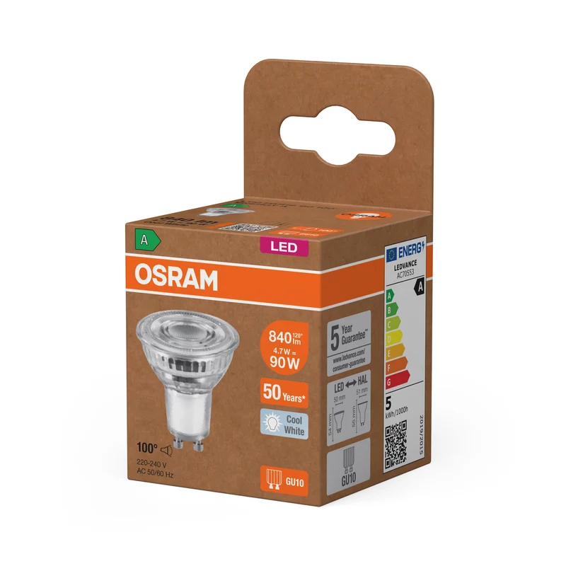 OSRAM LED LAMPS ENERGY EFFICIENCY REFLECTOR in PAR16-Form, LED-Spot, Bleifreies Glas, 4,7 W, (ex 90 W), 850 lm, Kaltweiß, 4000 K, Energieeffizienzklasse: A, CRI 80