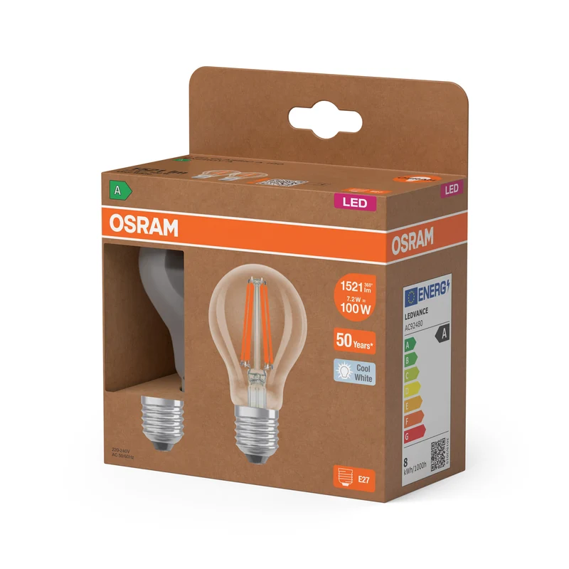 OSRAM LED LAMPS ENERGY CLASS A ENERGY EFFICIENCY FILAMENT CLASSIC A in A-Form, LED-Lampe, Bleifreies Glas, Klar, 7,2 W, 1521 lm, Kaltweiß, Energieeffizienzklasse: A, 2er