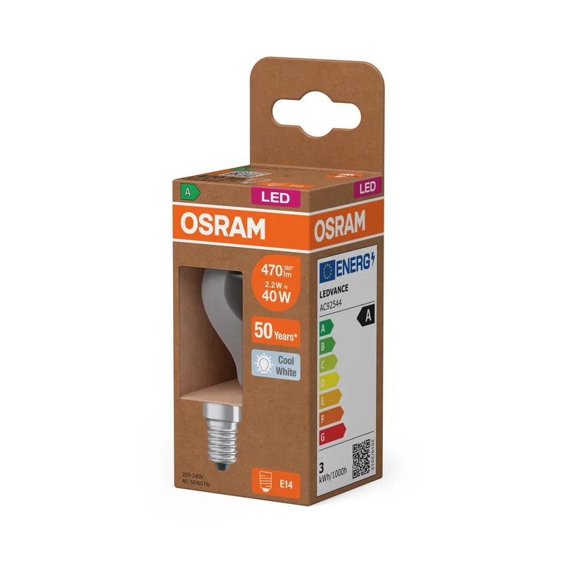 OSRAM LED CLASSIC P ENERGY EFFICIENCY A in P-Form, LED-Lampe, Bleifreies Glas, Klar, 2,2 W, (ex 40 W), 470 lm, Kaltweiß, 4000 K, Energieeffizienzklasse: A, CRI 80