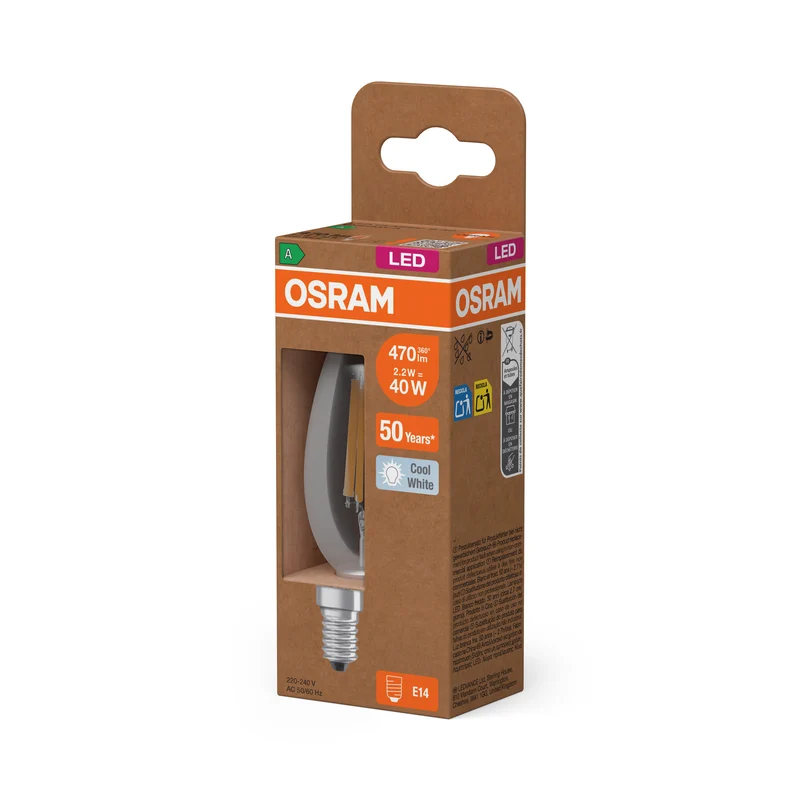 OSRAM LED CLASSIC B ENERGY EFFICIENCY A in B-Form, LED-Lampe, Bleifreies Glas, Klar, 2,2 W, (ex 40 W), 470 lm, Kaltweiß, 4000 K, Energieeffizienzklasse: A, CRI 80