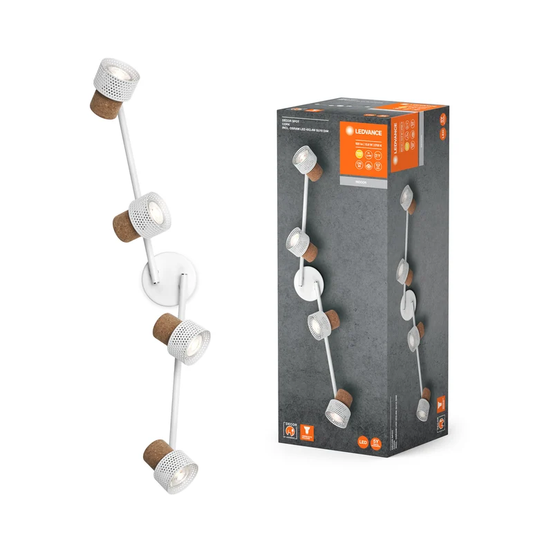LEDVANCE DECOR SPOT CORK, 4 x 3,4W, 920lm, weiß, Spotleuchte, verstellbare Köpfe, vielseitig anwendbar, Innenraumspot, austauschbare LED-Lampen, dimmbar, warmweiße Lichtfarbe, GU10