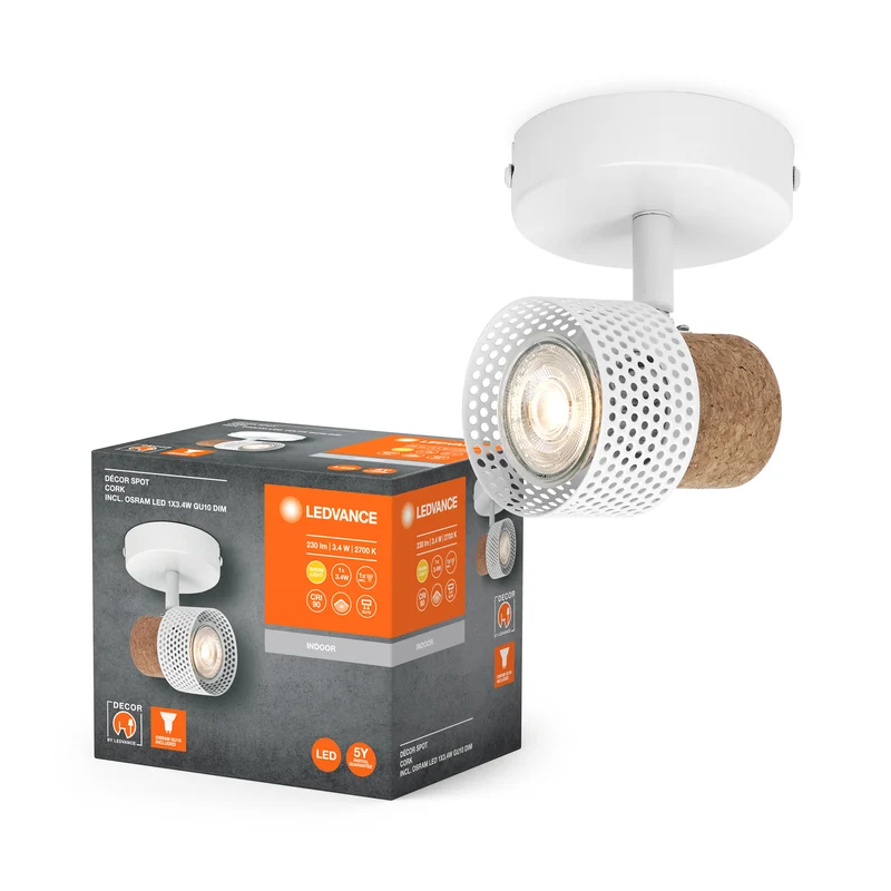 LEDVANCE DECOR SPOT CORK, 1 x 3,4W, 230lm, weiß, Spotleuchte, verstellbare Köpfe, vielseitig anwendbar, Innenraumspot, austauschbare LED-Lampen, dimmbar, warmweiße Lichtfarbe, GU10