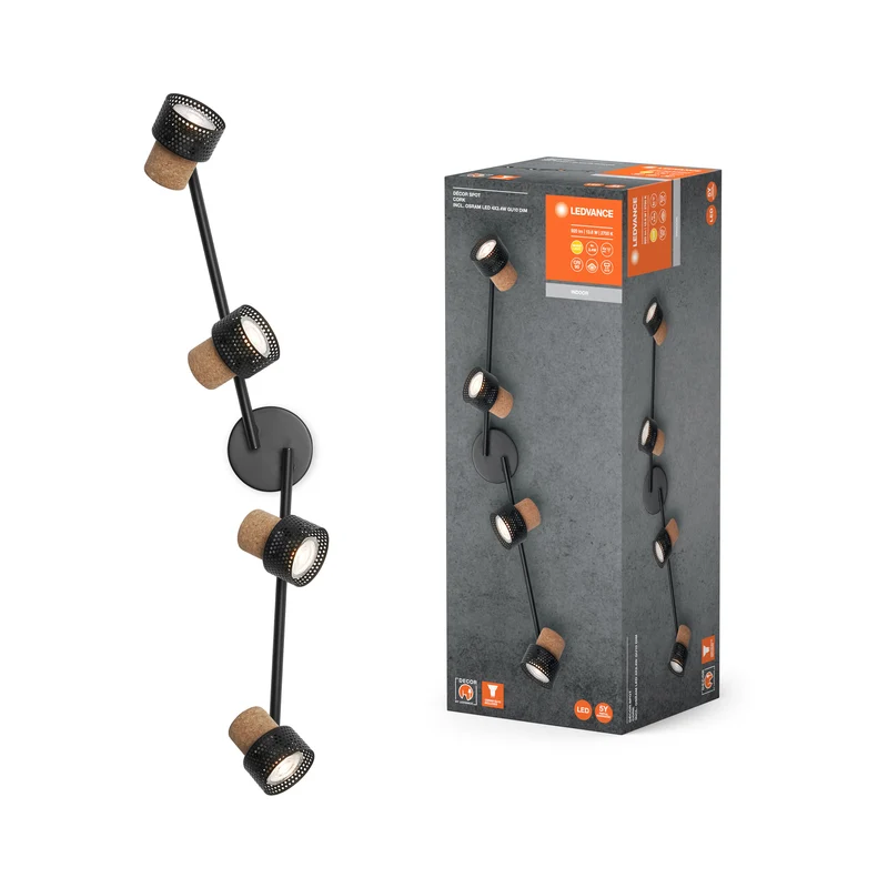 LEDVANCE DECOR SPOT CORK, 4 x 3,4W, 920lm, schwarz, Spotleuchte, verstellbare Köpfe, vielseitig anwendbar, Innenraumspot, austauschbare LED-Lampen, dimmbar, warmweiße Lichtfarbe, GU10