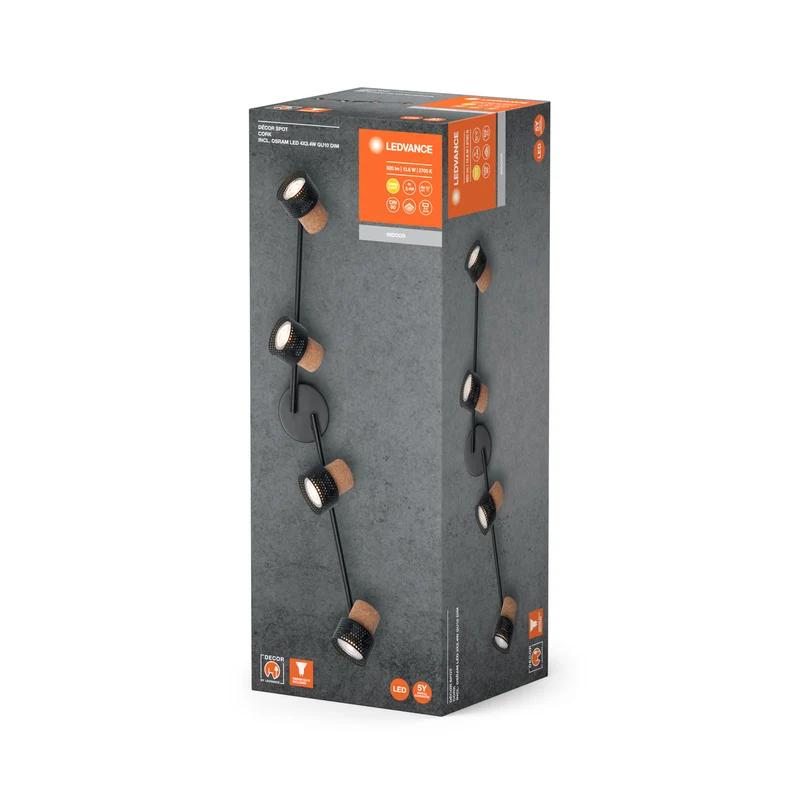 LEDVANCE DECOR SPOT CORK, 4 x 3,4W, 920lm, schwarz, Spotleuchte, verstellbare Köpfe, vielseitig anwendbar, Innenraumspot, austauschbare LED-Lampen, dimmbar, warmweiße Lichtfarbe, GU10