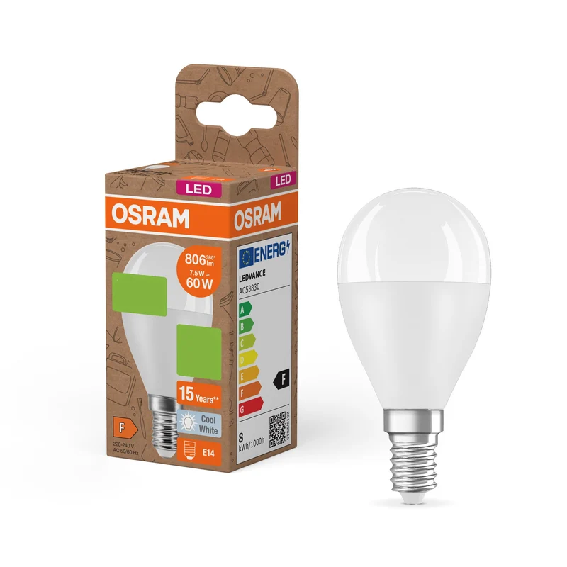 OSRAM LED PCR LAMPS WITH CLASSIC P , LED-Lampe, Matt, 7,5 W, (ex 60 W), 806 lm, Kaltweiß, 4000 K, 15000 h, CRI ≥80, PCR-Recycling