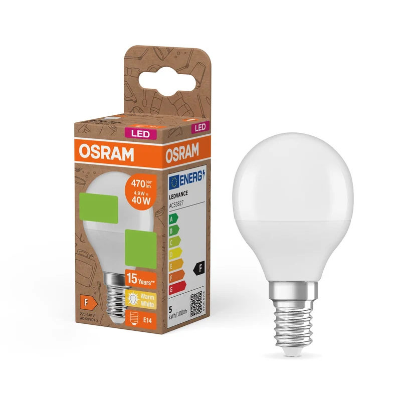 OSRAM LED PCR LAMPS WITH CLASSIC P , LED-Lampe, Matt, 4,9 W, (ex 40 W), 470 lm, Warmweiß, 2700 K, 15000 h, CRI ≥80, PCR-Recycling