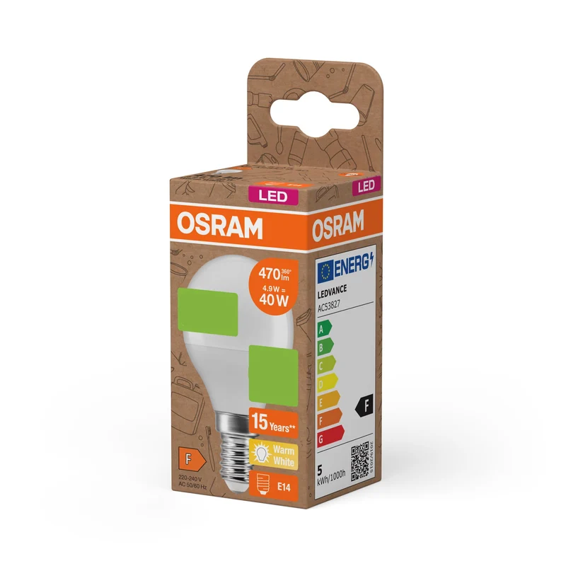 OSRAM LED PCR LAMPS WITH CLASSIC P , LED-Lampe, Matt, 4,9 W, (ex 40 W), 470 lm, Warmweiß, 2700 K, 15000 h, CRI ≥80, PCR-Recycling