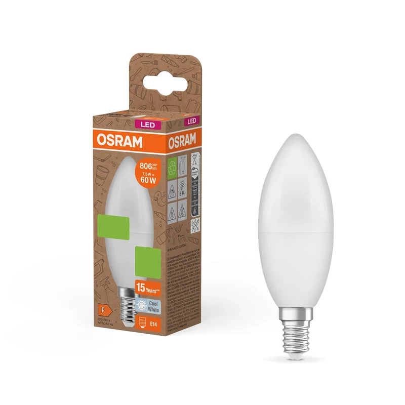 OSRAM LED PCR LAMPS WITH CLASSIC B , LED-Lampe, Matt, 7,5 W, (ex 60 W), 806 lm, Kaltweiß, 4000 K, 15000 h, CRI ≥80, PCR-Recycling