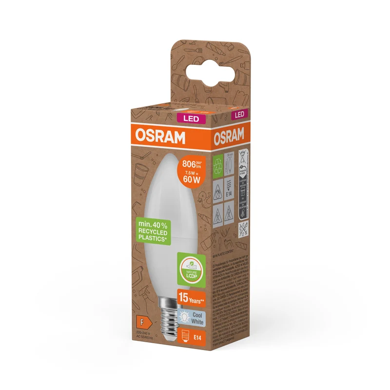 OSRAM LED PCR LAMPS WITH CLASSIC B , LED-Lampe, Matt, 7,5 W, (ex 60 W), 806 lm, Kaltweiß, 4000 K, 15000 h, CRI ≥80, PCR-Recycling