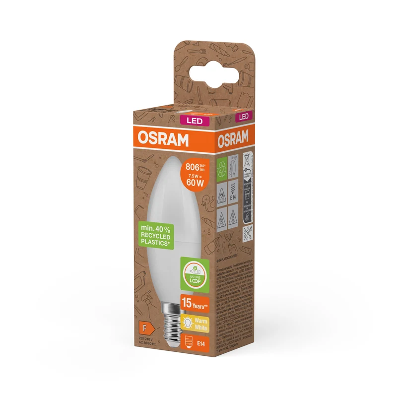 OSRAM LED PCR LAMPS WITH CLASSIC B , LED-Lampe, Matt, 7,5 W, (ex 60 W), 806 lm, Warmweiß, 2700 K, 15000 h, CRI ≥80