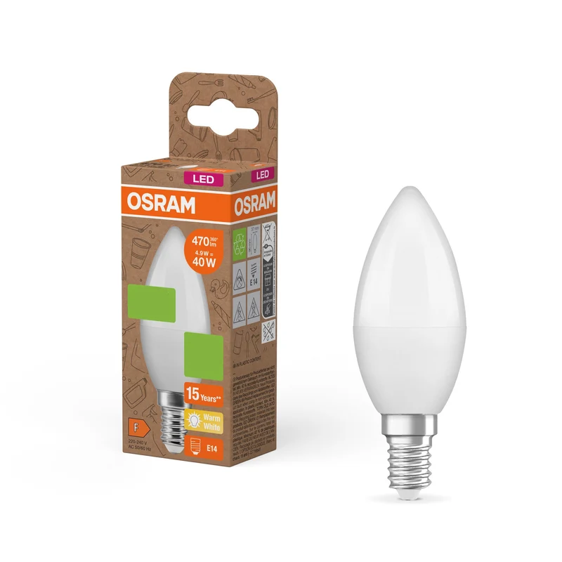 OSRAM LED PCR LAMPS WITH CLASSIC B , LED-Lampe, Matt, 4,9 W, (ex 40 W), 470 lm, Warmweiß, 2700 K, 15000 h, CRI ≥80