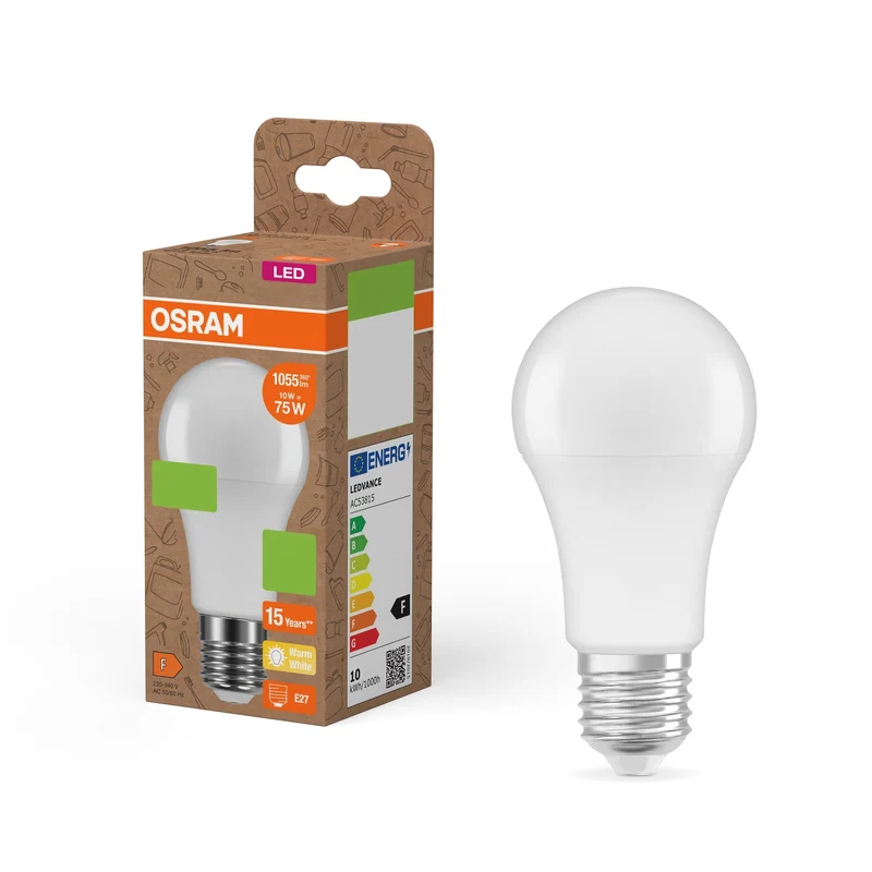 OSRAM LED PCR LAMPS WITH CLASSIC A , LED-Lampe, Matt, 10 W, (ex 75 W), 1055 lm, Warmweiß, 2700 K, 15000 h, CRI ≥80, PCR-Recycling