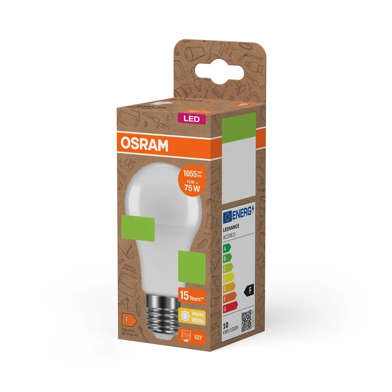 OSRAM LED PCR LAMPS WITH CLASSIC A , LED-Lampe, Matt, 10 W, (ex 75 W), 1055 lm, Warmweiß, 2700 K, 15000 h, CRI ≥80, PCR-Recycling