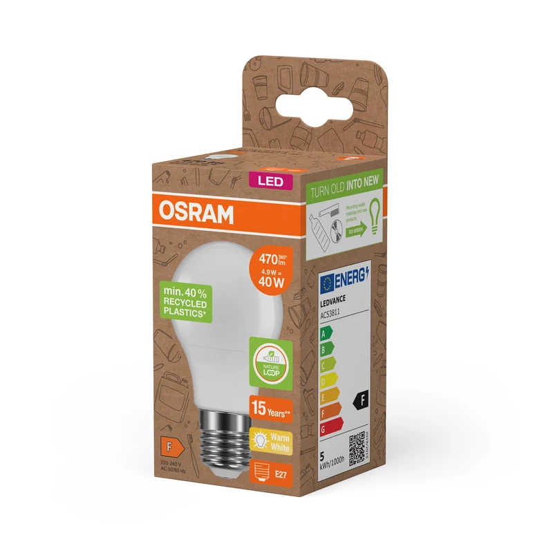 OSRAM LED PCR LAMPS WITH CLASSIC A , LED-Lampe, Matt, 4,9 W, (ex 40 W), 470 lm, Warmweiß, 2700 K, 15000 h, CRI ≥80