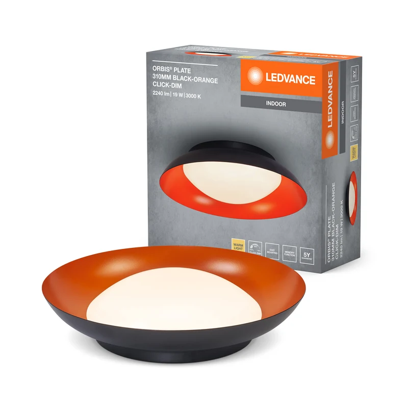 LEDVANCE Orbis Plate LED-Deckenleuchte, schwarz-orange, 19W, 1000lm, 3000K, 310mm, 830 freundliches Warmweiß, durch Kicken in 3-Stufen dimmbar, IP20 Schutz, Montageschrauben und Dübel inklusive