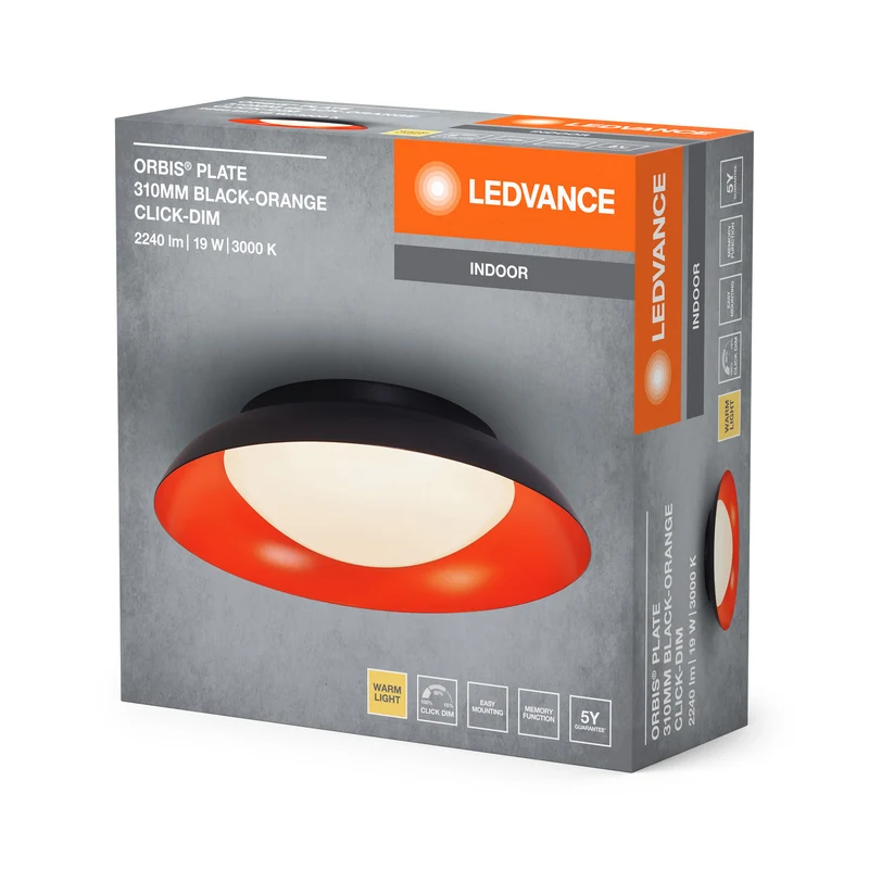 LEDVANCE Orbis Plate LED-Deckenleuchte, schwarz-orange, 19W, 1000lm, 3000K, 310mm, 830 freundliches Warmweiß, durch Kicken in 3-Stufen dimmbar, IP20 Schutz, Montageschrauben und Dübel inklusive