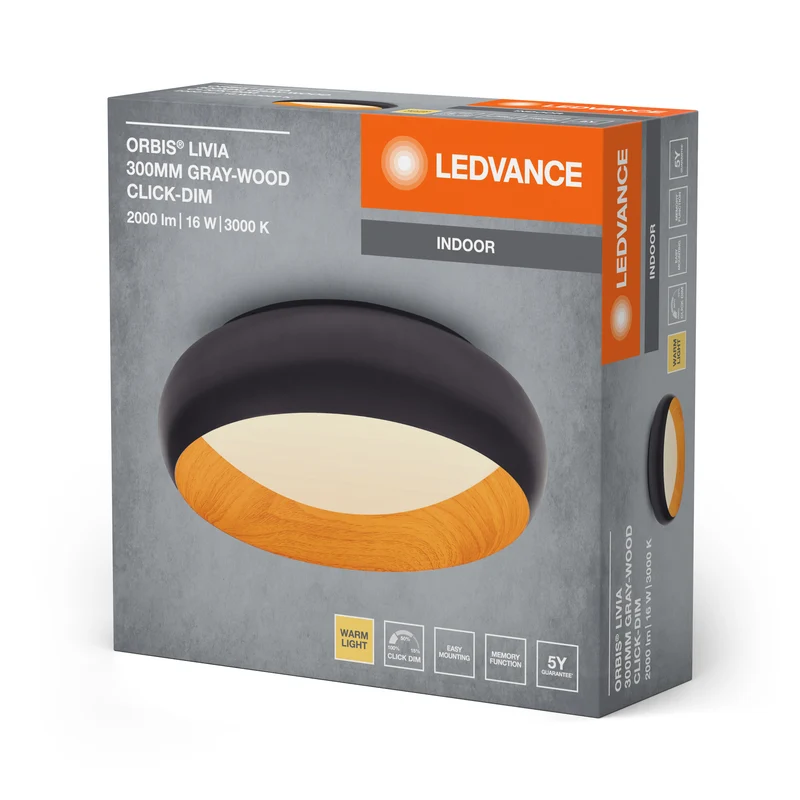 LEDVANCE ORBIS Livia LED-Deckenleuchte mit Metallring, grau/Holzdekor, 16W, 750lm, 3000K, 300mm, 830 freundliches Warmweiß, durch Klicken in 3-Stufen dimmbar, IP20, Schrauben/Dübel inklusive