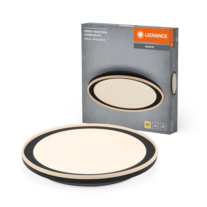 LEDVANCE ORBIS Pederson LED-Deckenleuchte mit Plastikring, schwarz, 36W, 2500lm, 3000K, 830 freundliches Warmweiß, 550mm Durchmesser, IP20 Schutz, Montageschrauben und Dübel inklusive