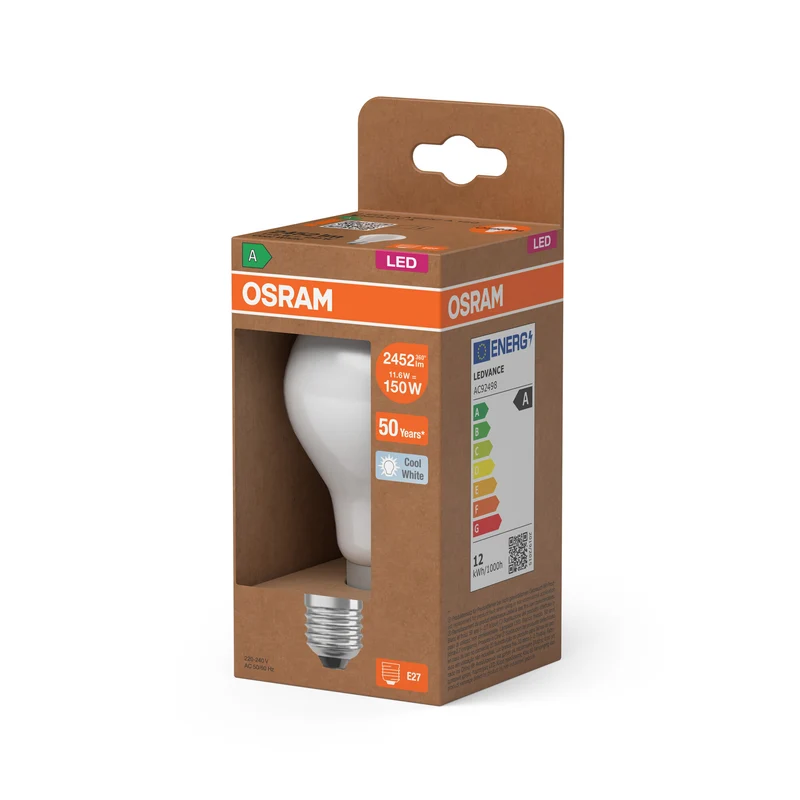OSRAM LED LAMPS ENERGY CLASS A ENERGY EFFICIENCY FILAMENT CLASSIC A , LED-Lampe, Bleifreies Glas, Matt, 11,6 W, (ex 150 W), 2452 lm, Kaltweiß, Energieeffizienzklasse: A