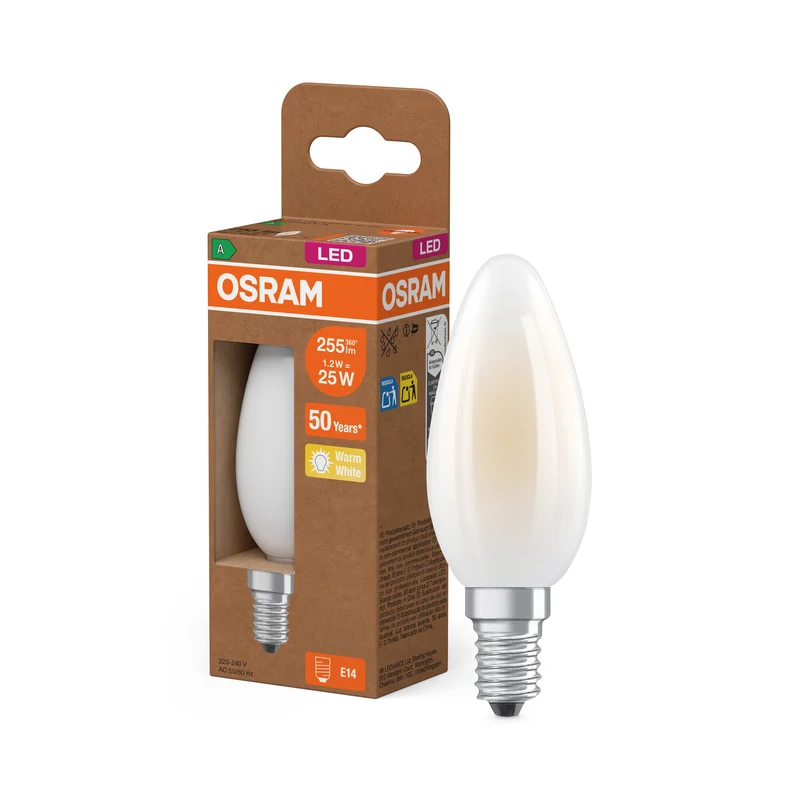 OSRAM LED CLASSIC B ENERGY EFFICIENCY A , LED-Lampe, Bleifreies Glas, Matt, 1,2 W, (ex 25 W), 255 lm, Warmweiß, 2700 K, Energieeffizienzklasse: A, CRI 80