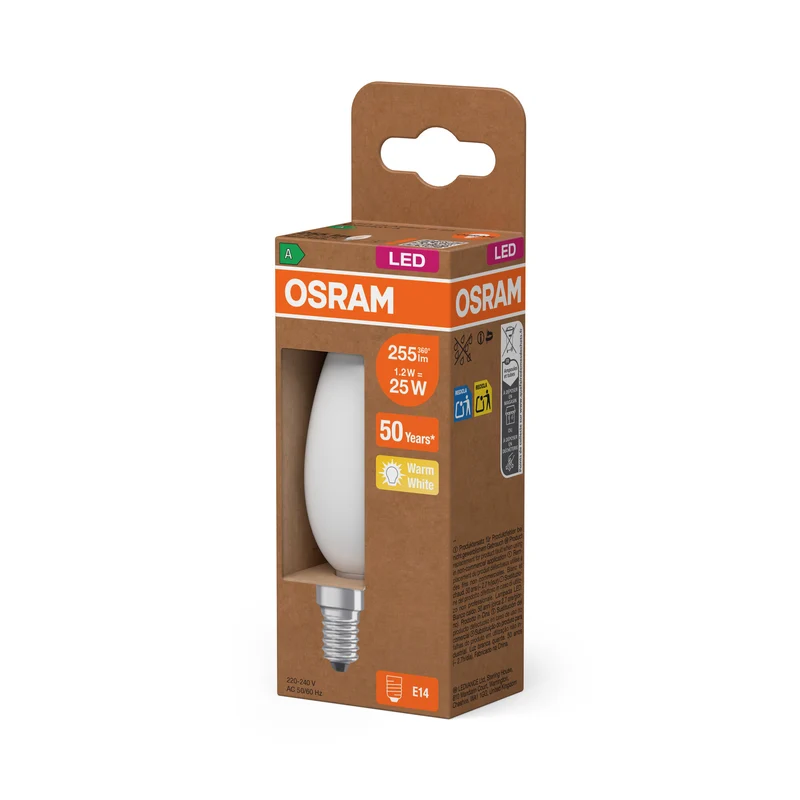 OSRAM LED CLASSIC B ENERGY EFFICIENCY A , LED-Lampe, Bleifreies Glas, Matt, 1,2 W, (ex 25 W), 255 lm, Warmweiß, 2700 K, Energieeffizienzklasse: A, CRI 80