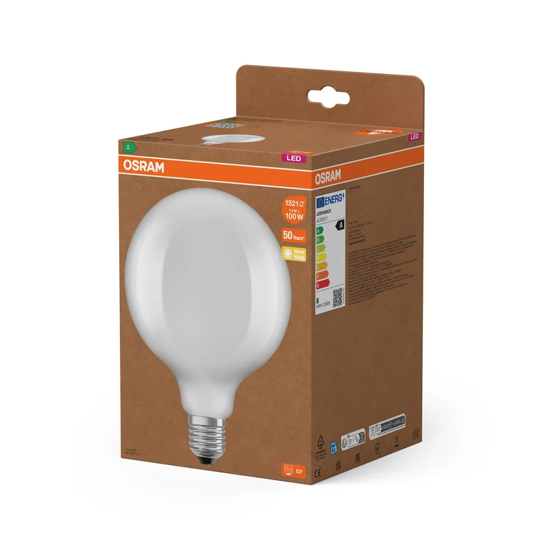 OSRAM LED LAMPS ENERGY CLASS A ENERGY EFFICIENCY FILAMENT CLASSIC Globe , LED-Lampe, Bleifreies Glas, Matt, 7,2 W, 1521 lm, Warmweiß, Energieeffizienzklasse: A