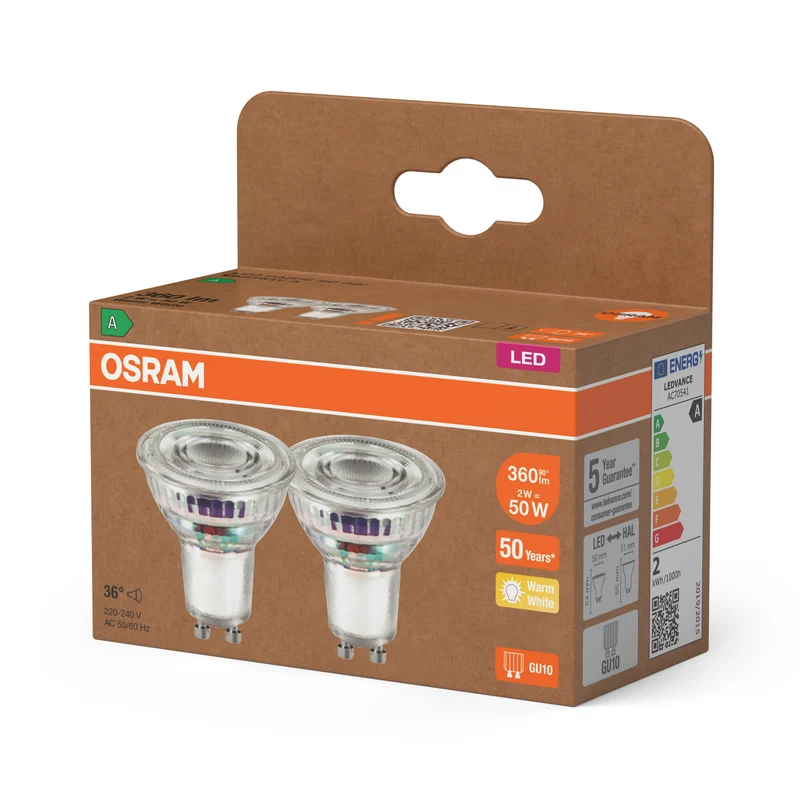 OSRAM LED LAMPS ENERGY EFFICIENCY REFLECTOR in PAR16-Form, LED-Spot, Bleifreies Glas, 2 W, (ex 50 W), 360 lm, Warmweiß, 2700 K, Energieeffizienzklasse: A, CRI 80, 2er