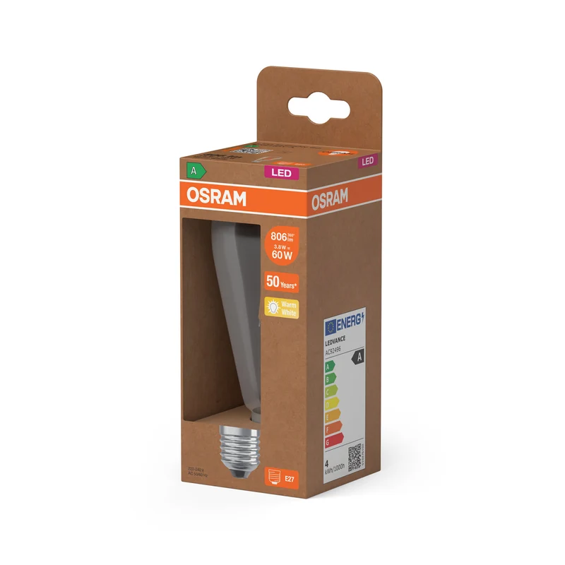 OSRAM LED LAMPS ENERGY CLASS A ENERGY EFFICIENCY FILAMENT CLASSIC EDISON in Edison-Form-Form, LED-Lampe, Bleifreies Glas, 806 lm, Warmweiß, Energieeffizienzklasse: A