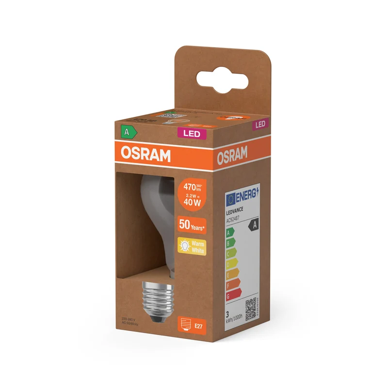 OSRAM LED LAMPS ENERGY CLASS A ENERGY EFFICIENCY FILAMENT CLASSIC A in A-Form, LED-Lampe, Bleifreies Glas, Klar, 2,2 W, 470 lm, Warmweiß, Energieeffizienzklasse: A