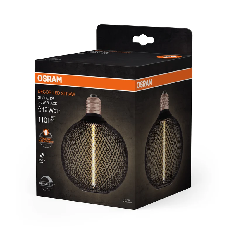 OSRAM DECOR LED Strohfilament Lampe Globe, Schwarz, 3.5W, 110lm , Comfort warm white , E27