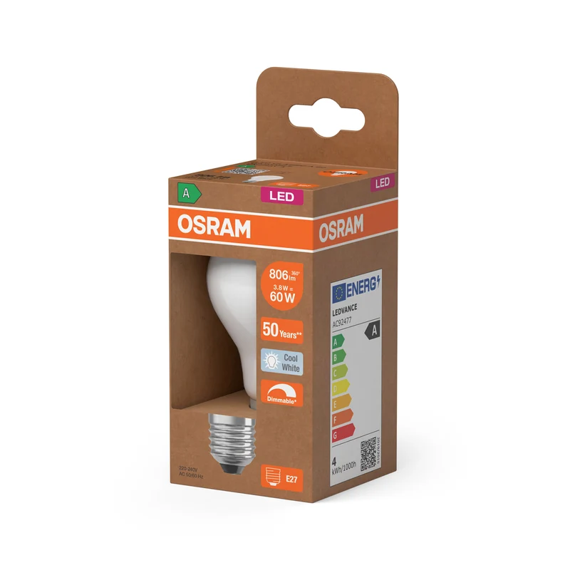 OSRAM LED CLASSIC A ENERGY EFFICIENCY A DIM in A-Form, LED-Lampe, Bleifreies Glas, Matt, 3,8 W, (ex 60 W), 806 lm, Kaltweiß, 4000 K, Dimmbar, Energieeffizienzklasse: A