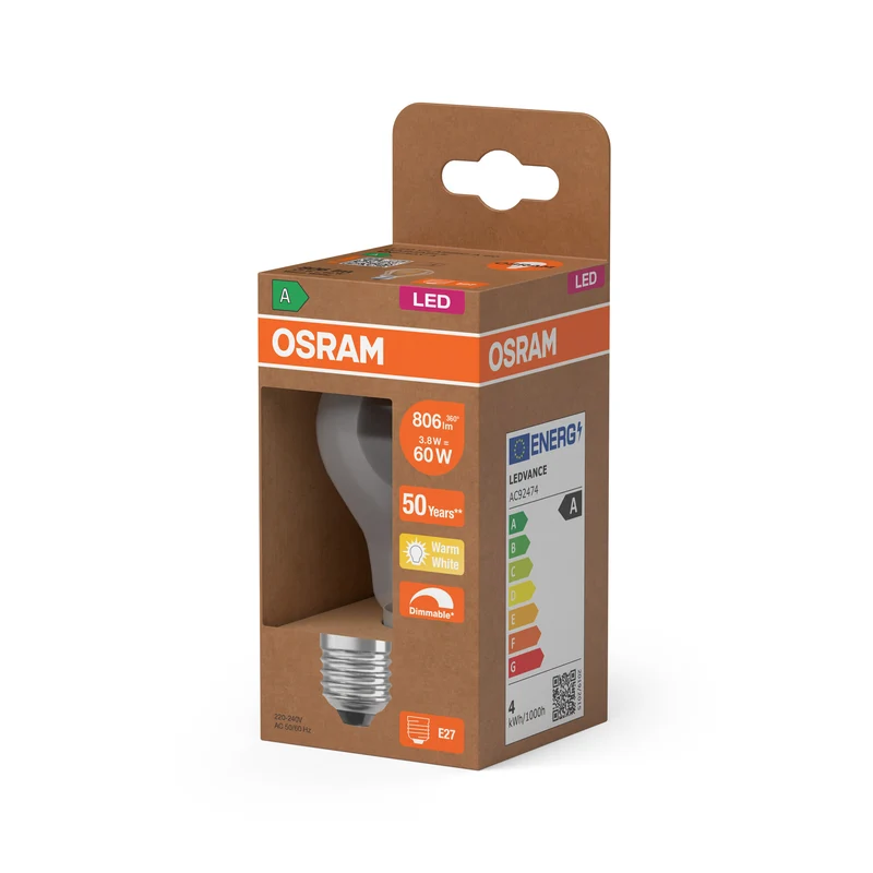 OSRAM LED CLASSIC A ENERGY EFFICIENCY A DIM in A-Form, LED-Lampe, Bleifreies Glas, Klar, 3,8 W, (ex 60 W), 806 lm, Warmweiß, 2700 K, Dimmbar, Energieeffizienzklasse: A