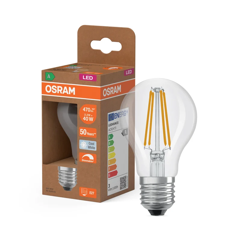 OSRAM LED CLASSIC A ENERGY EFFICIENCY A DIM in A-Form, LED-Lampe, Bleifreies Glas, Matt, 2,2 W, (ex 40 W), 470 lm, Kaltweiß, 4000 K, Dimmbar, Energieeffizienzklasse: A