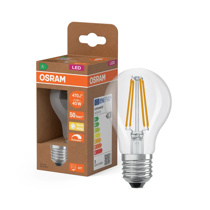 OSRAM LED CLASSIC A ENERGY EFFICIENCY A DIM in A-Form, LED-Lampe, Bleifreies Glas, Klar, 2,2 W, (ex 40 W), 470 lm, Warmweiß, 2700 K, Dimmbar, Energieeffizienzklasse: A