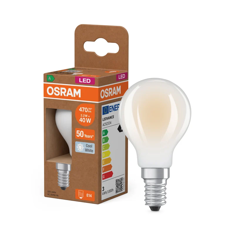 OSRAM LED CLASSIC P ENERGY EFFICIENCY A in P-Form, LED-Lampe, Bleifreies Glas, Matt, 2,2 W, (ex 40 W), 470 lm, Kaltweiß, 4000 K, Energieeffizienzklasse: A, CRI 80