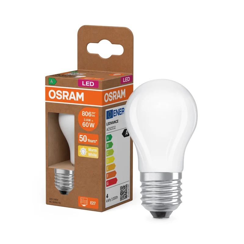 OSRAM LED CLASSIC P ENERGY EFFICIENCY A in P-Form, LED-Lampe, Bleifreies Glas, Matt, 3,8 W, (ex 60 W), 806 lm, Warmweiß, 2700 K, Energieeffizienzklasse: A, CRI 80