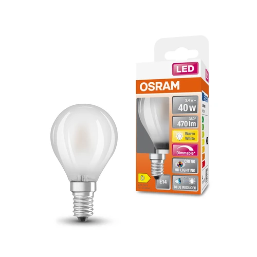OSRAM FILAMENT LED-Lampe LED SUPERSTAR+ CL P GL FR 40 dim 3,4W/940 E14 CRI90 BOX , Warmweiß