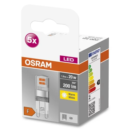 OSRAM LED Stiftsockellampe BASE PIN G9 CL20 non-dimmable 1.9W , Warmweiß 5er Pack