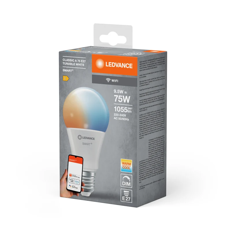 LEDVANCE SMART+ WiFi Classic Tunable White in A-Form, LED-Lampe, Matt, 9,5 W, (ex 75 W), 1055 lm, Lichtfarbe variabel, Wifi, Smartspeaker-Kompatibel, Dimmbar