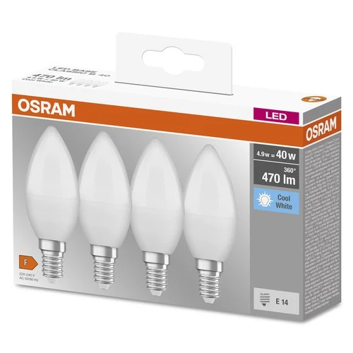 OSRAM LED Base LED Lampe Kerzenform matt (ex 40W) 5,5W / 4000K Kaltweiß E14 4er Pack