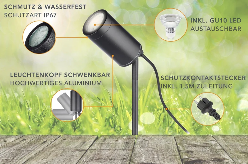 Gartenstrahler mit Erdspieß IP67 inkl. LED GU10 3W 230V