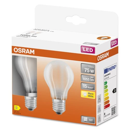 OSRAM LED-Lampen, klassische Kolbenform, 75 Watts Ersatz, E27, A-shape, 2700 Kelvin, Warm weiß, Klares Glas, 2-er Pack