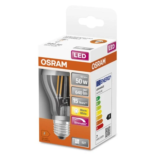 OSRAM LED-Lampen, klassische Kolbenform, mit Spiegel-Kolbenkrone, dimmbar, 50 Watts Ersatz, E27, A-shape, 2700 Kelvin, Warm weiß, Klares Glas
