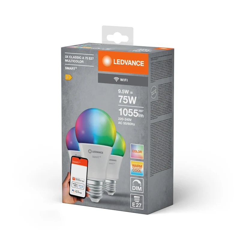 LEDVANCE SMART+ WiFi Classic Multicolour in A-Form, LED-Lampe, Matt, 9,5 W, (ex 75 W), 1055 lm, RGBW, von 2700 bis 6500 K, Wifi, Smartspeaker-Kompatibel, Dimmbar, 3er
