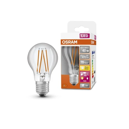 OSRAM Star+ LED-Lampe mit Tageslichtsensor für E27-Sockel, Filament-Optik ,Warmweiß (2700K), 470 Lumen, Ersatz für herkömmliche 40W-Leuchtmittel, nicht dimmbar, 1-er Pack, E27